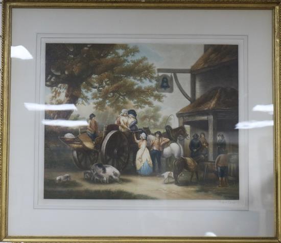 Clifford R. James after George Morland, pair coloured mezzotints, The Market Cart & The Happy Cottages and pair etchings by Alphege